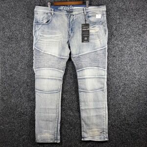 NWT Reason 48 Premium Denim Mens Moto Jeans Light Wash Blue Stretch 3XL